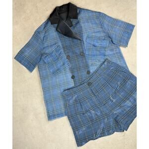 KATE HEWKO Blue Black Sheer Plaid Tuxedo Short Top Set Size M/L